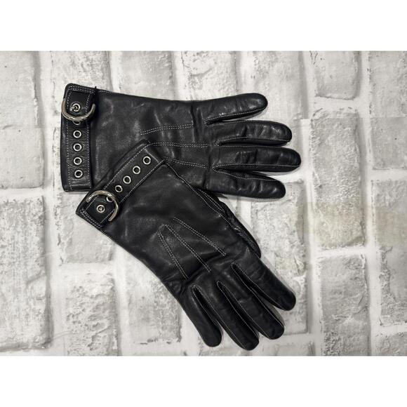 Coach Black Leather Gloves with Buckle Strap and Cashmere Lining